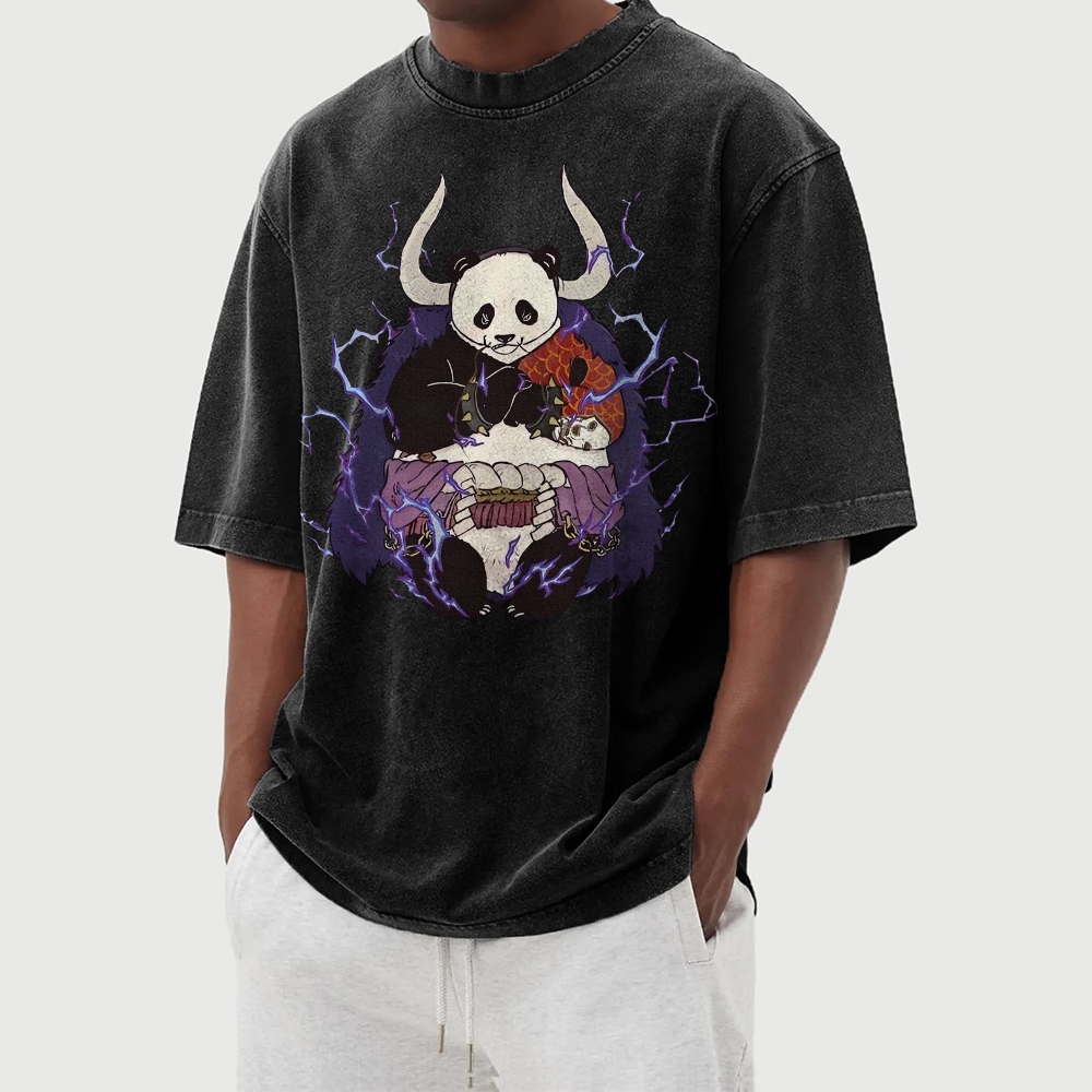 Panda Demon Pattern Casual Washed Vintage Short Sleeves T-Shirt-moweekender
