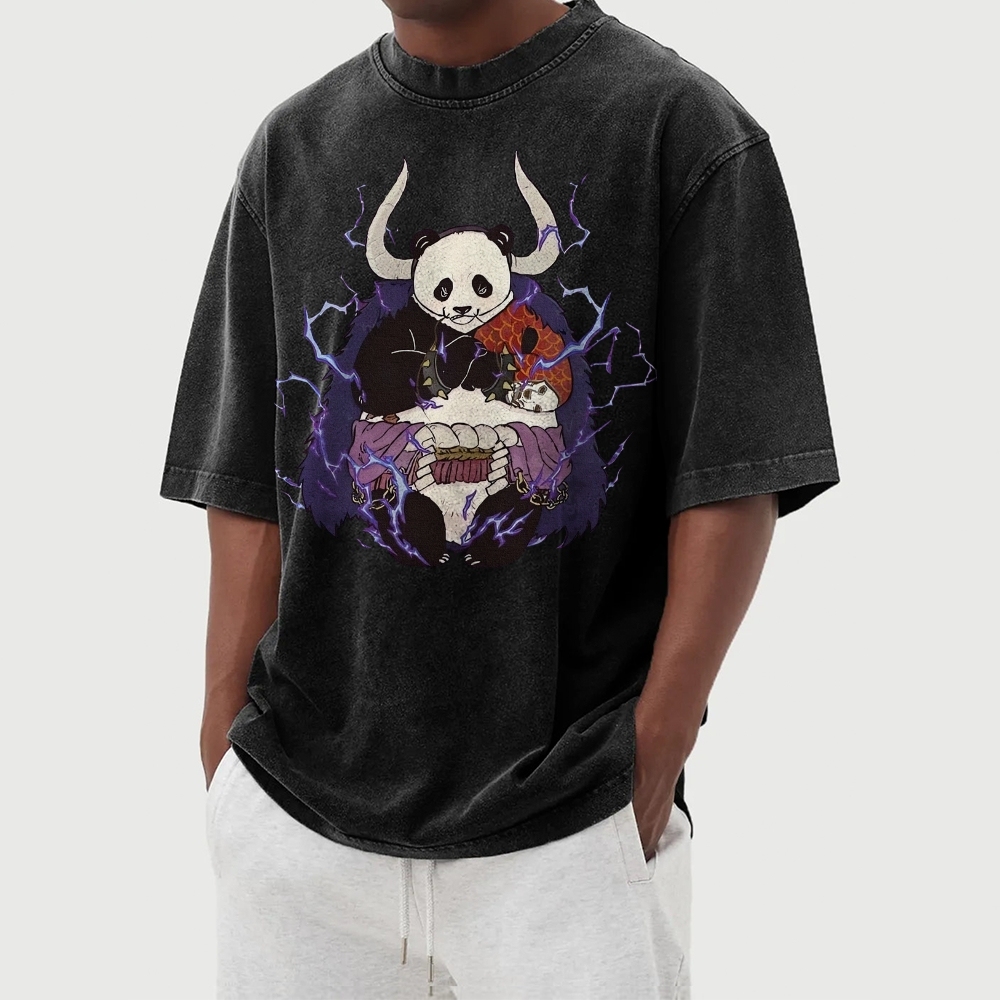Panda Demon Pattern Casual Washed Vintage Short Sleeves T-Shirt-moweekender