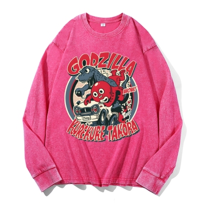 Godzilla Cartoon Pattern Deep Washed Vintage Long Sleeves T-Shirt-moweekender