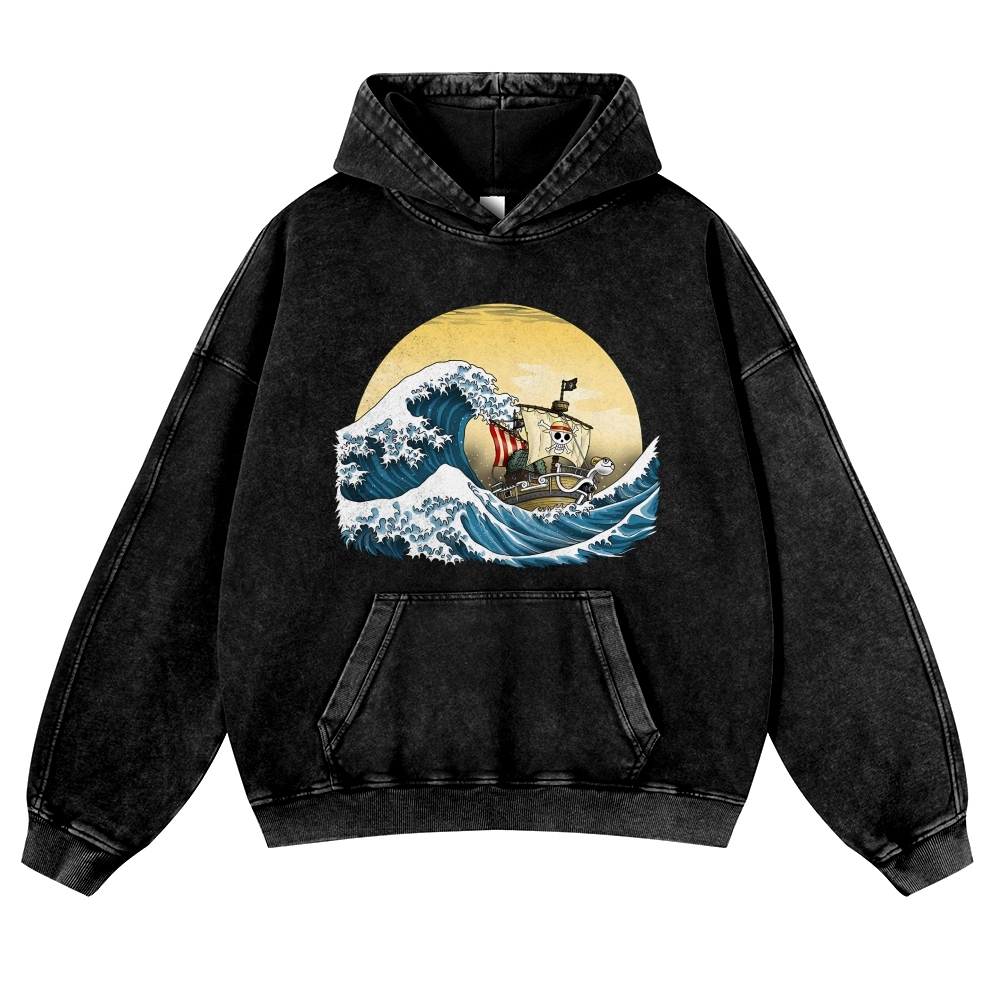Straw Hat Pirate Ship Ukiyoe Vintage Washed Hoodie-moweekender