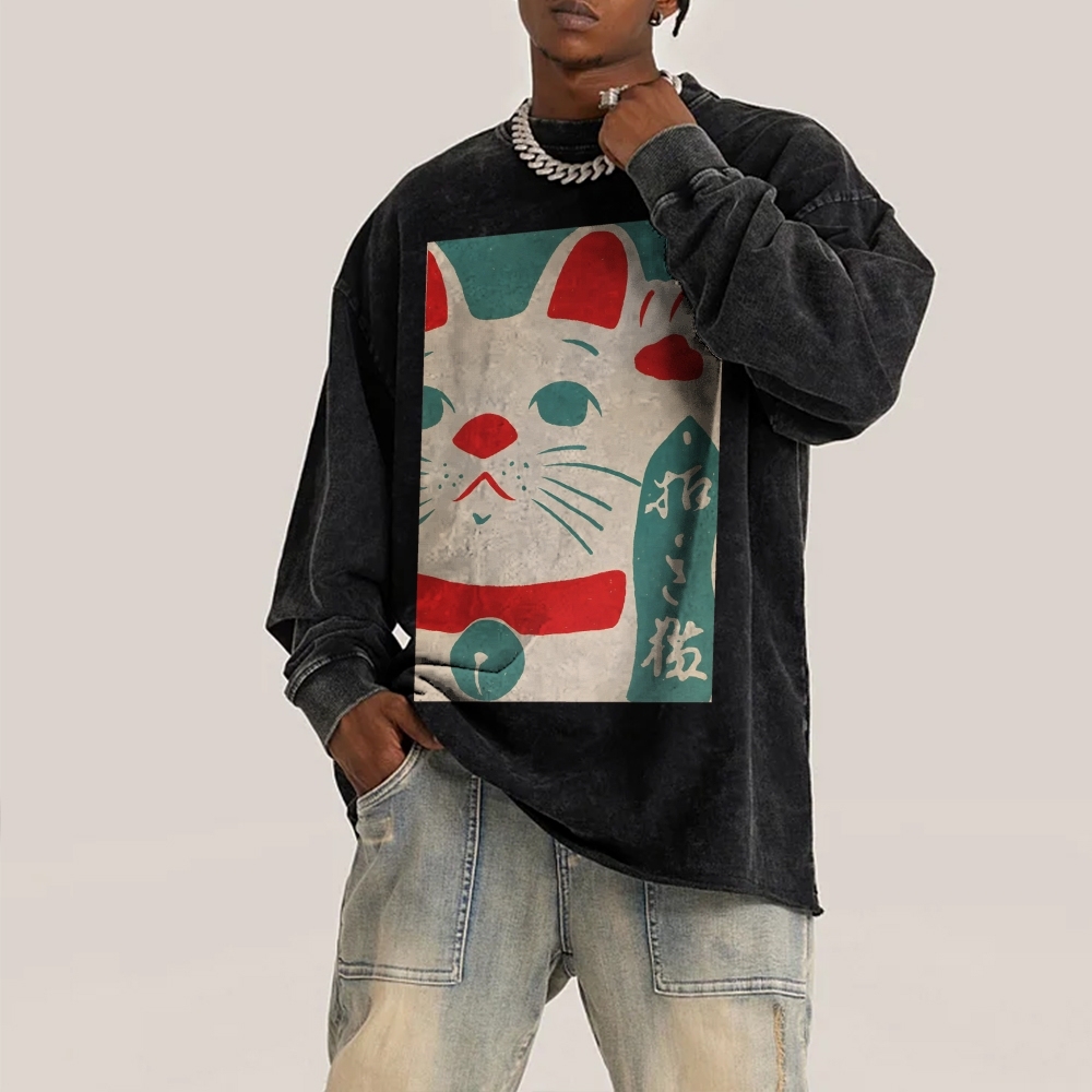 Japanese Maneki-neko Deep Washed Vintage Long Sleeves T-Shirt-moweekender