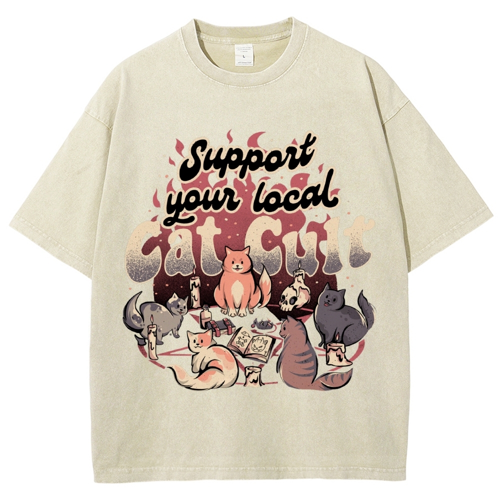 Support Your Local Cat Cult Vintage Snowflake Washed T-Shirt-moweekender