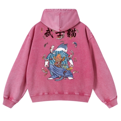 Fish Rain Tattooed Cat Vintage Washed Hoodie-moweekender
