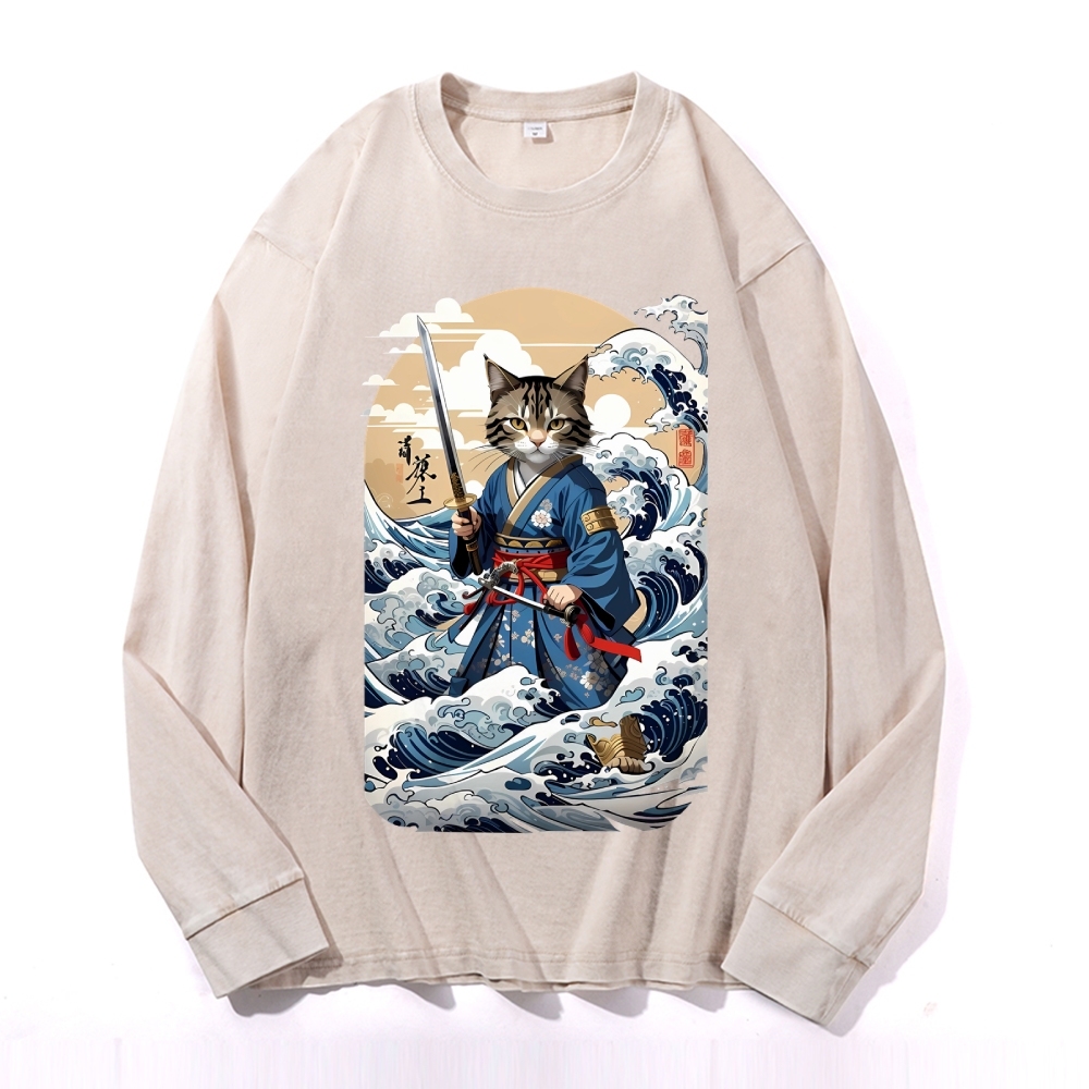 Wave Cat Ukiyoe Deep Washed Vintage Long Sleeves T-Shirt-moweekender