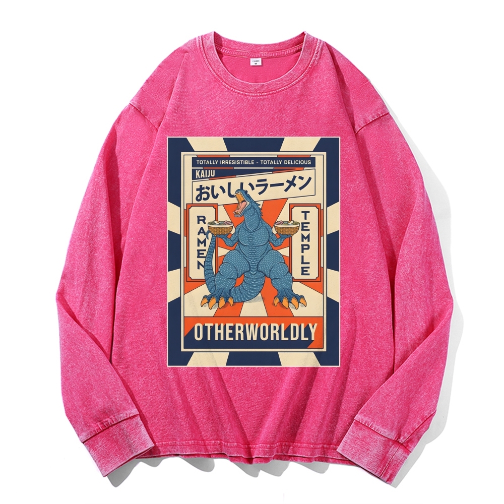 Ramen Godzilla Deep Washed Vintage Long Sleeves T-Shirt-moweekender