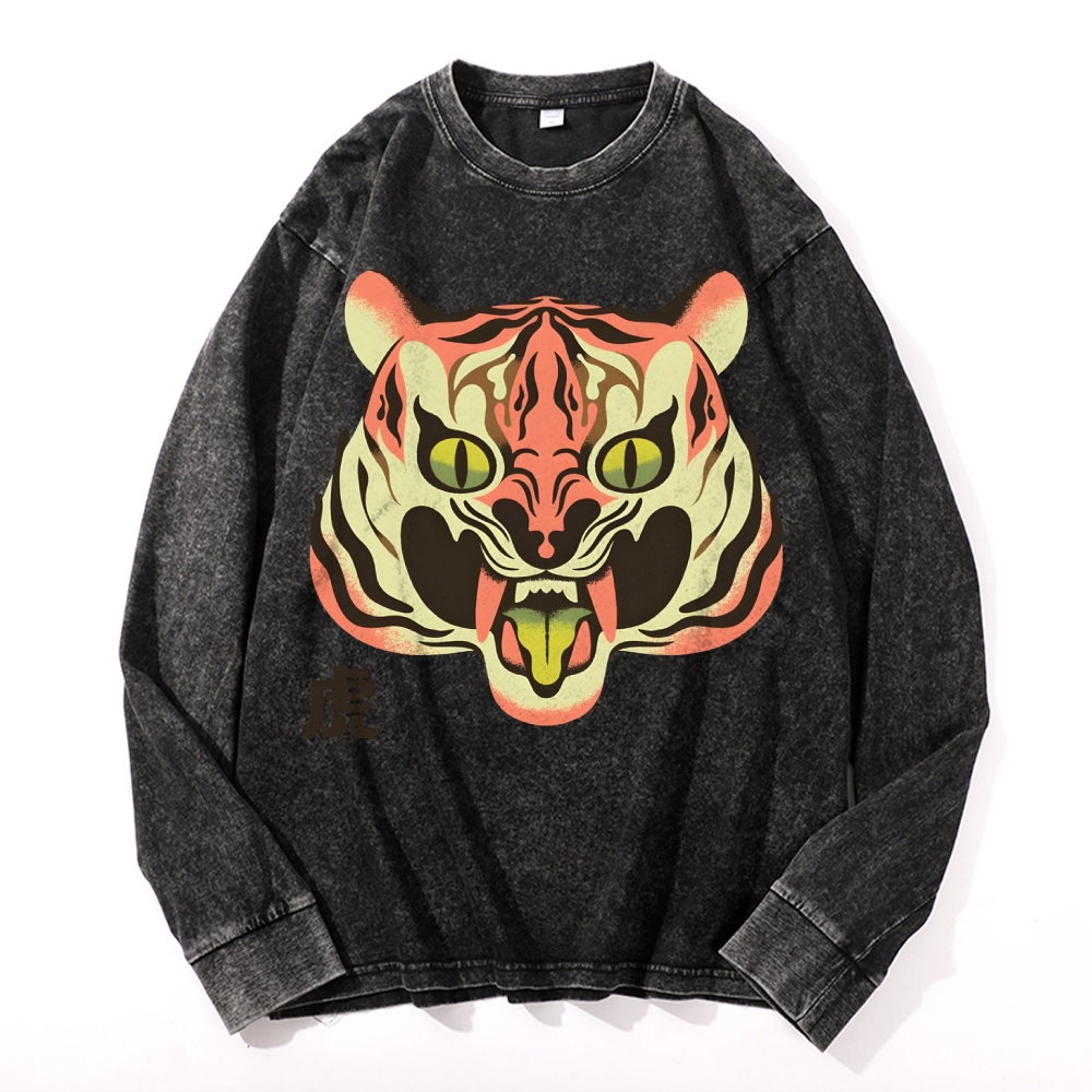 Tiger Roar Deep Washed Vintage Long Sleeves T-Shirt-moweekender