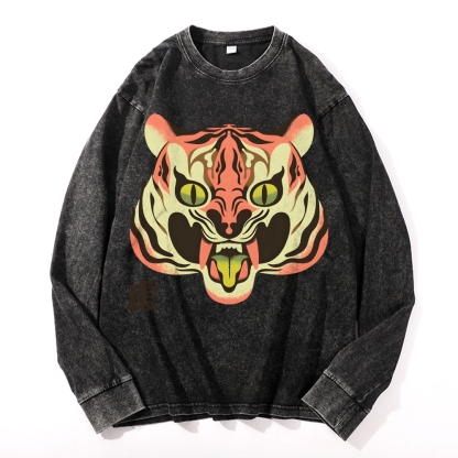 Tiger Roar Deep Washed Vintage Long Sleeves T-Shirt-moweekender