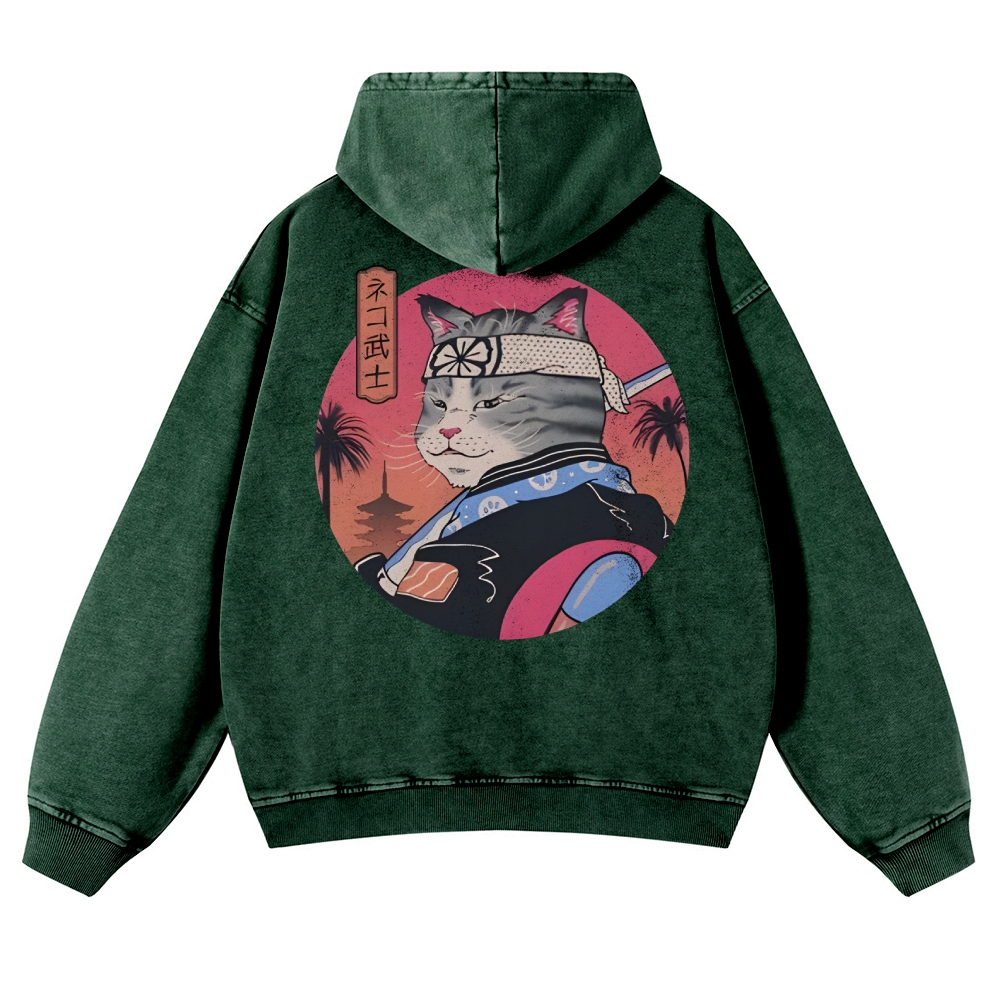 Japanese Cat Warrior Casual Vintage Washed Hoodie-moweekender
