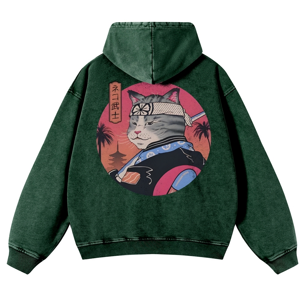 Japanese Cat Warrior Casual Vintage Washed Hoodie-moweekender