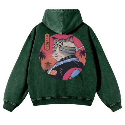 Japanese Cat Warrior Casual Vintage Washed Hoodie-moweekender