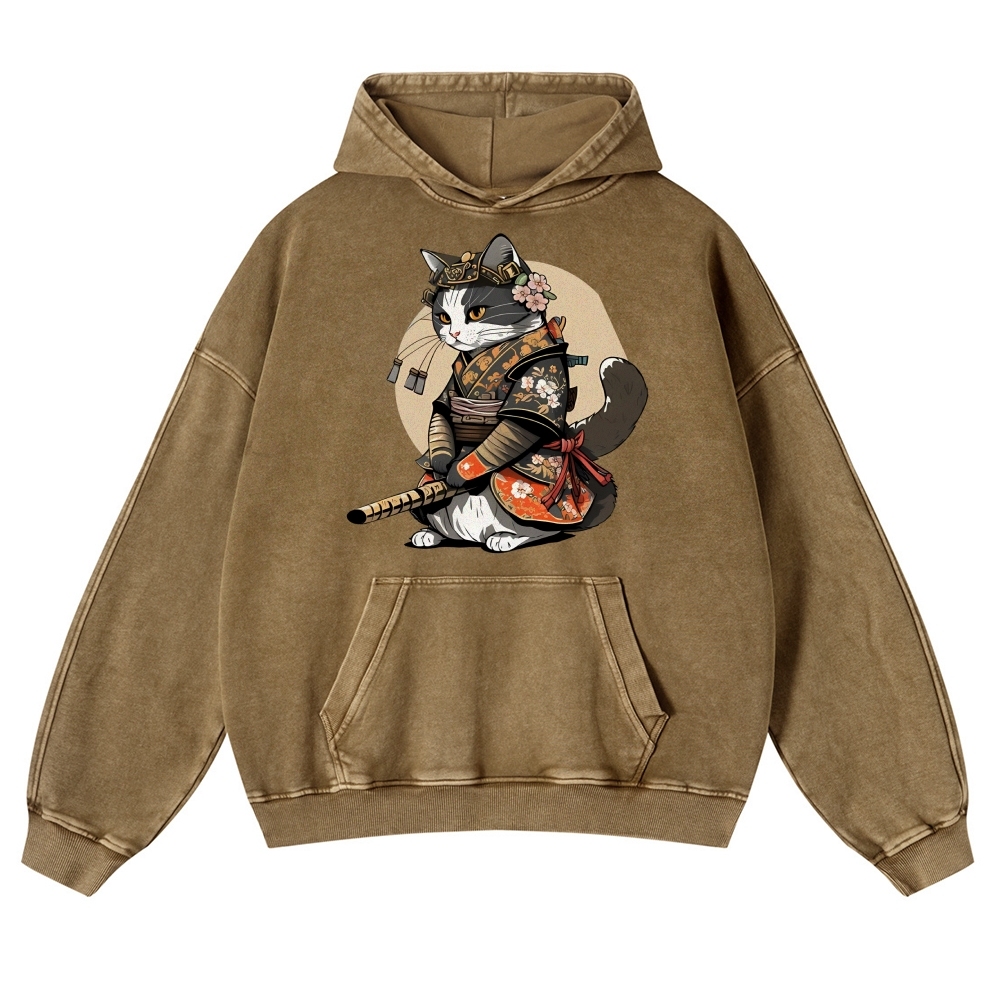 Warrior Cat Printed Vintage Washed Hoodie-moweekender