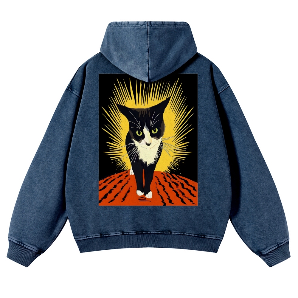 Rebel Cat Casual Vintage Washed Hoodie-moweekender