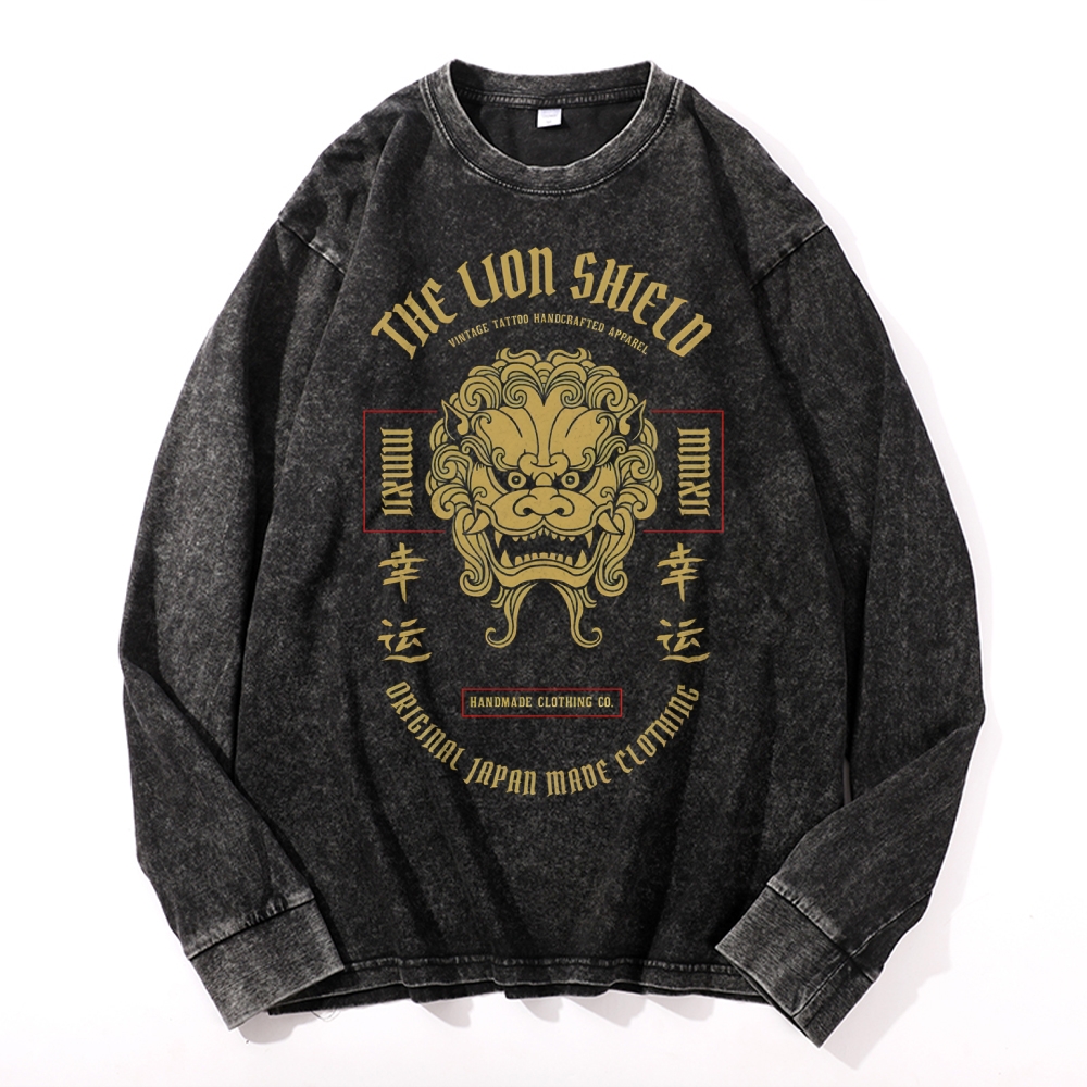 Lucky Lion Pattern Deep Washed Vintage Long Sleeves T-Shirt-moweekender