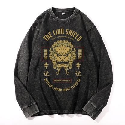 Lucky Lion Pattern Deep Washed Vintage Long Sleeves T-Shirt-moweekender