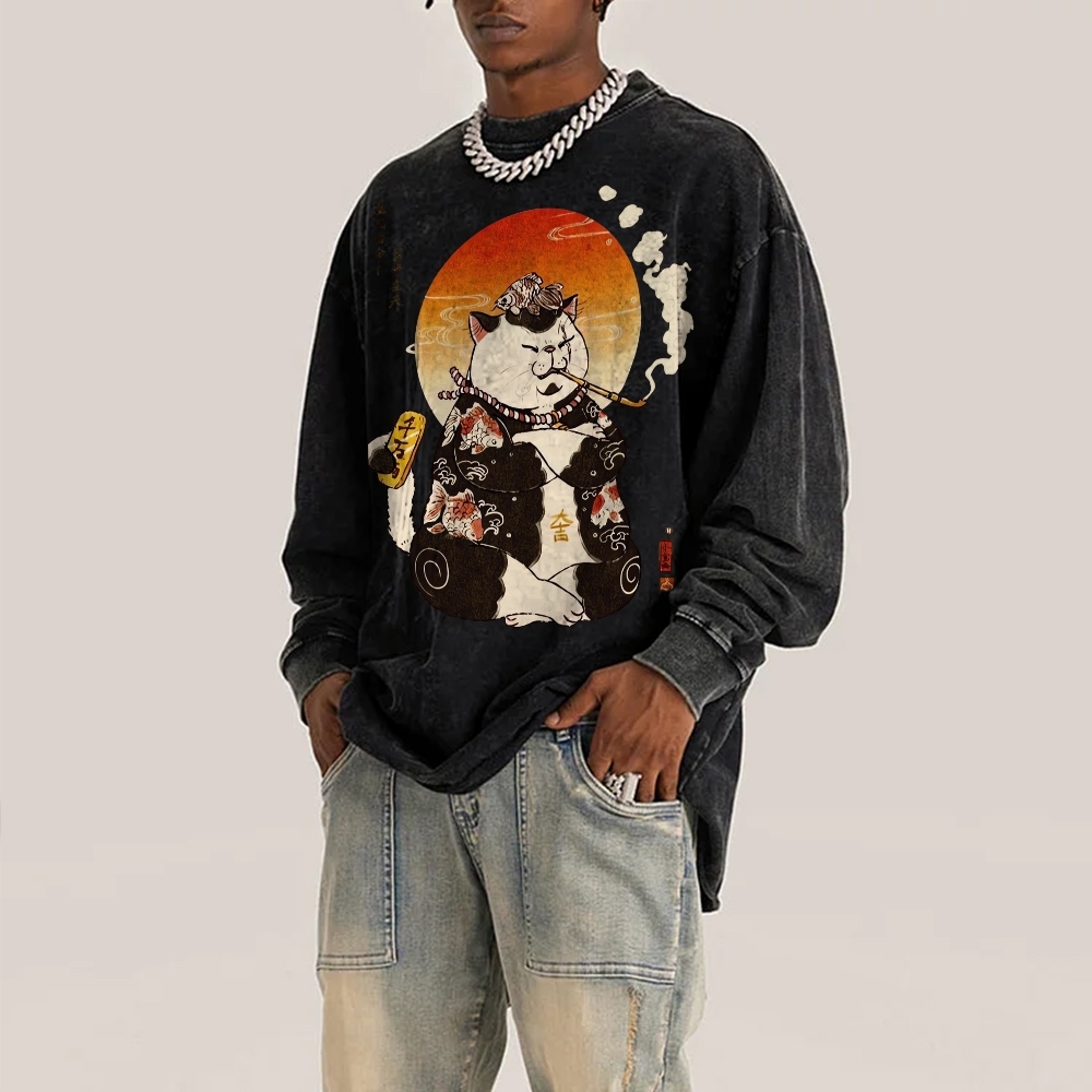 Smoking Rich Cat Deep Washed Vintage Long Sleeves T-Shirt-moweekender