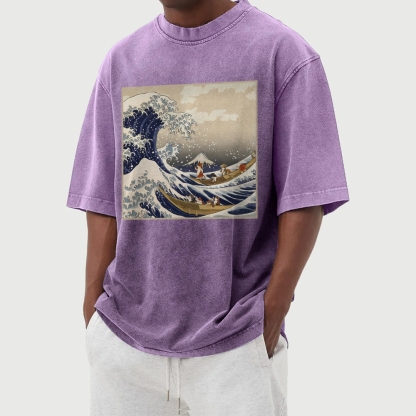 Cat Ship Wave Ukiyoe Washed Vintage Short Sleeves T-Shirt-moweekender