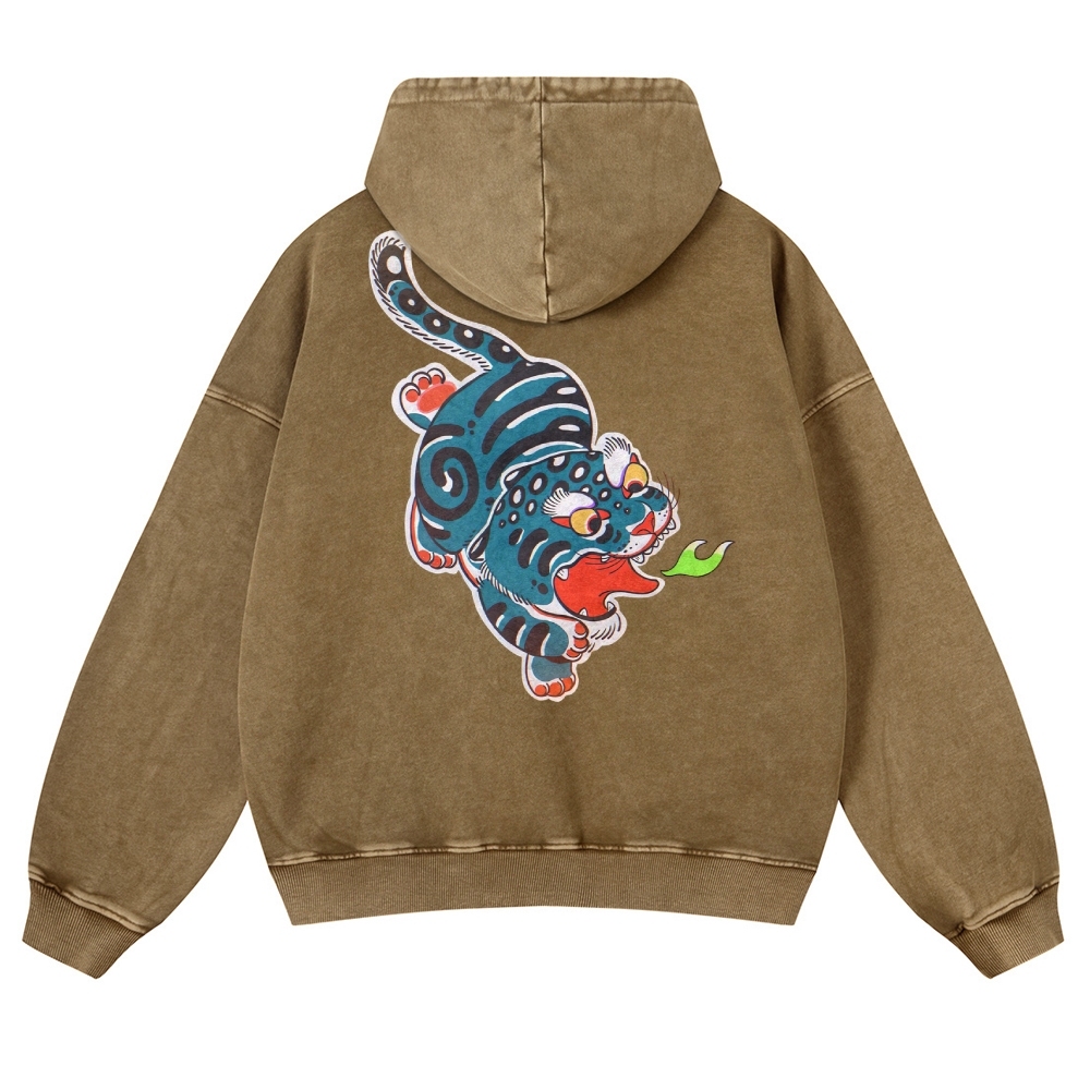 Fire Leopard Pattern Vintage Washed Hoodie-moweekender