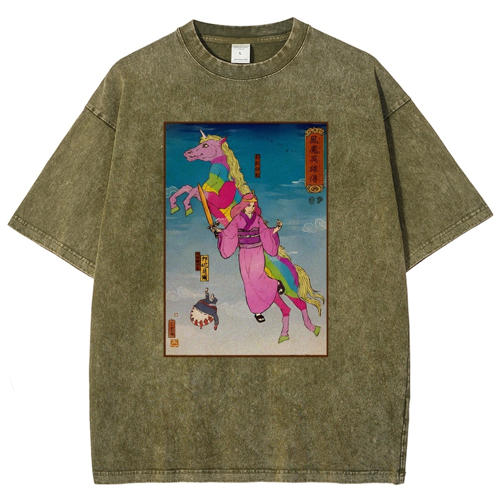 Hero Story Pink Unicorn Washed Vintage Short Sleeves T-Shirt-moweekender