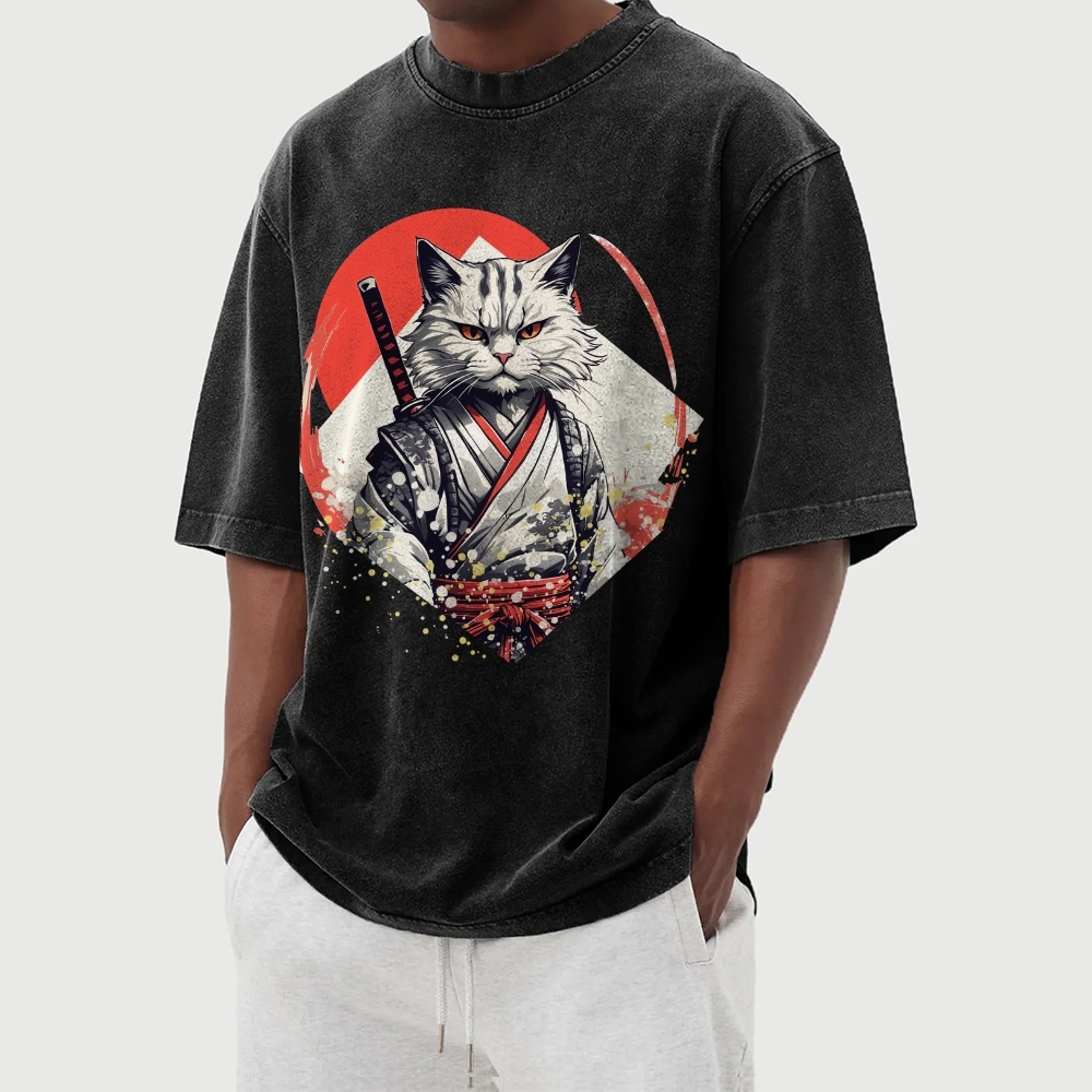 Japanese Warrior Cat Printed Washed Vintage Short Sleeves T-Shirt-moweekender