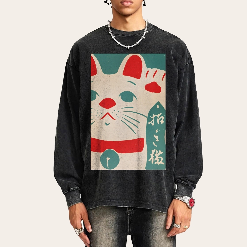 Japanese Maneki-neko Deep Washed Vintage Long Sleeves T-Shirt-moweekender