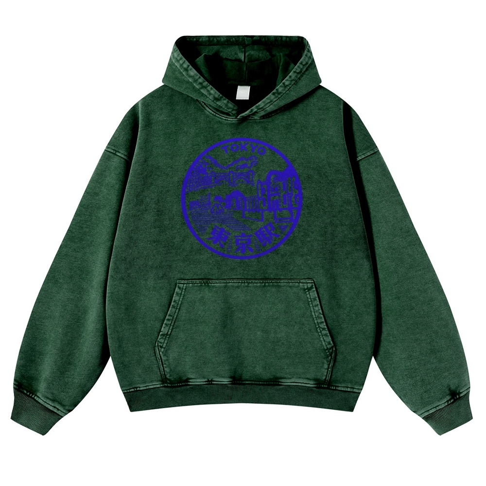 Tokyo Station Sign Vintage Washed Hoodie-moweekender