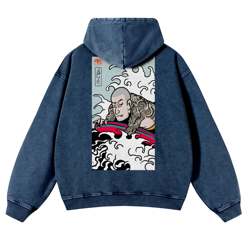 Japanese Surfing Ukiyoe Vintage Washed Hoodie-moweekender