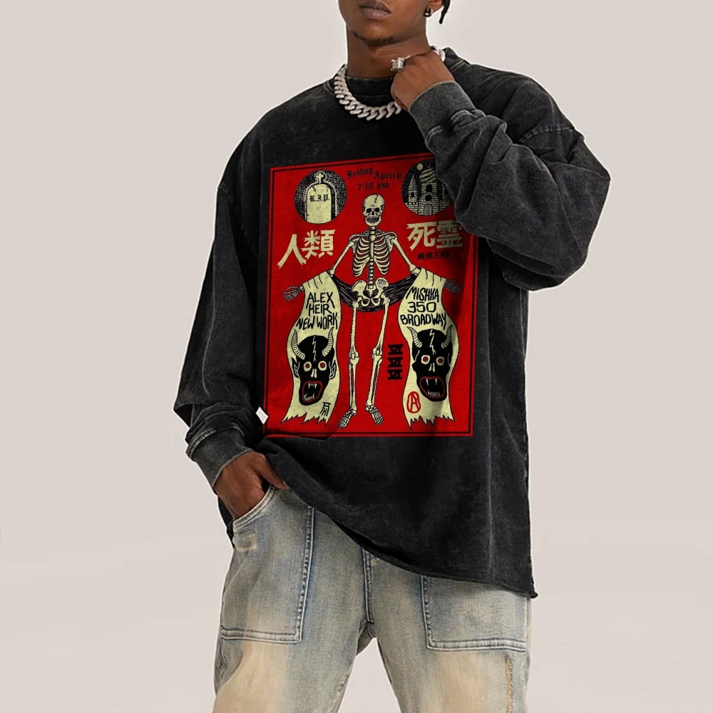 Human Skeleton Deep Washed Vintage Long Sleeves T-Shirt-moweekender