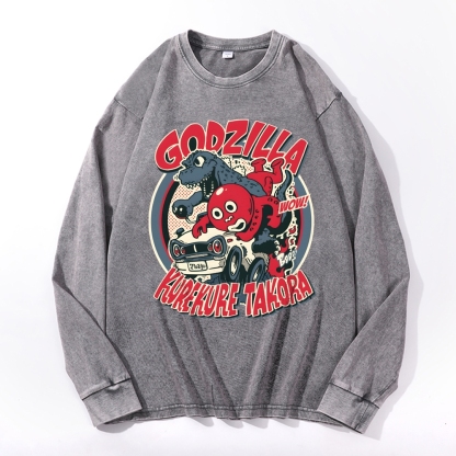 Godzilla Cartoon Pattern Deep Washed Vintage Long Sleeves T-Shirt-moweekender