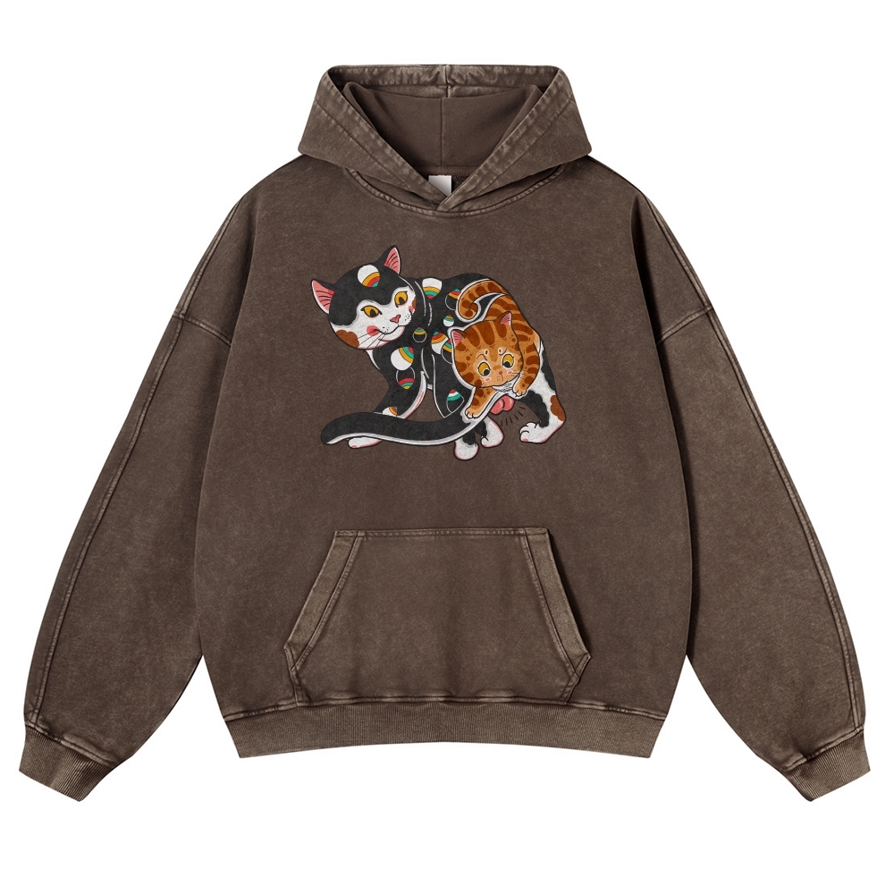 Curious Cat Pattern Printed Vintage Washed Hoodie-moweekender