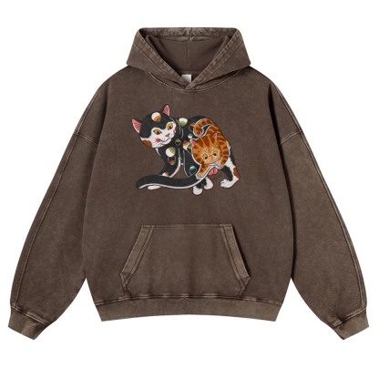 Curious Cat Pattern Printed Vintage Washed Hoodie-moweekender