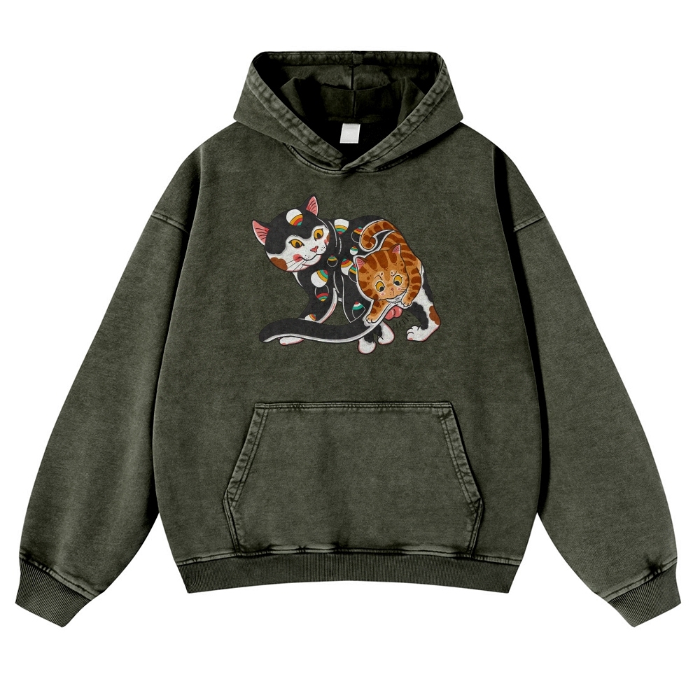 Curious Cat Pattern Printed Vintage Washed Hoodie-moweekender