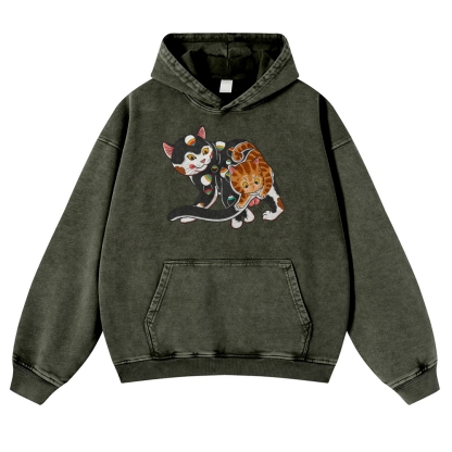 Curious Cat Pattern Printed Vintage Washed Hoodie-moweekender