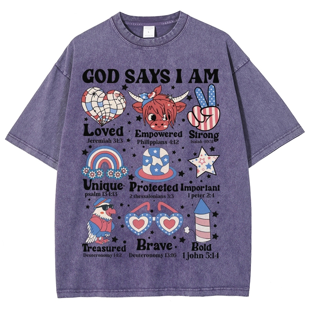 God Says I Am Vintage Snowflake Washed T-Shirt-moweekender