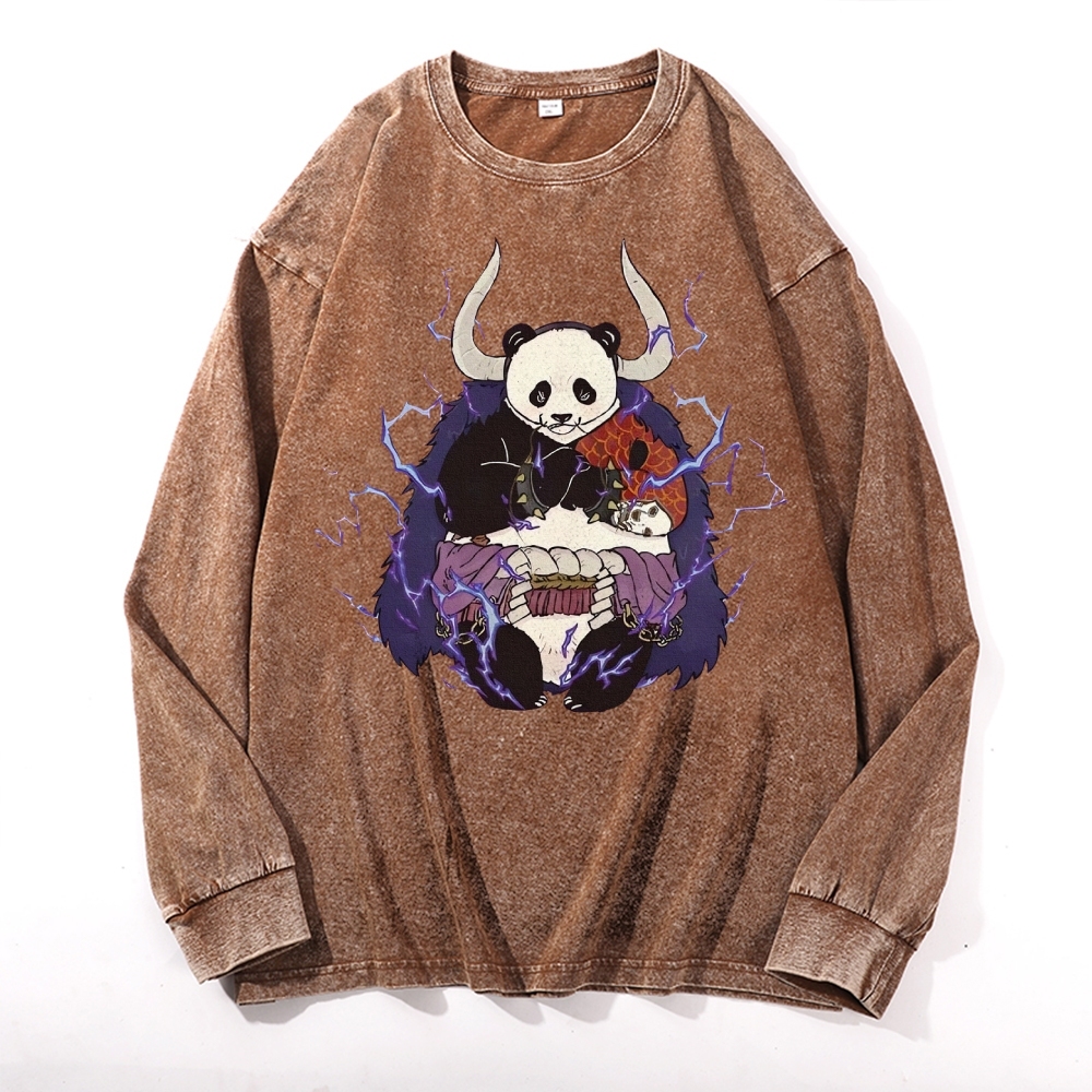 Panda Demon Pattern Deep Washed Vintage Long Sleeves T-Shirt-moweekender
