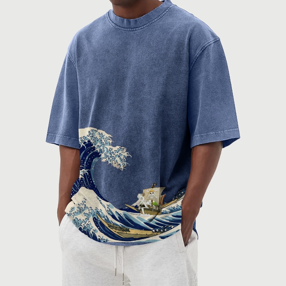 Straw Hat Pirate Ship Washed Vintage Short Sleeves T-Shirt-moweekender