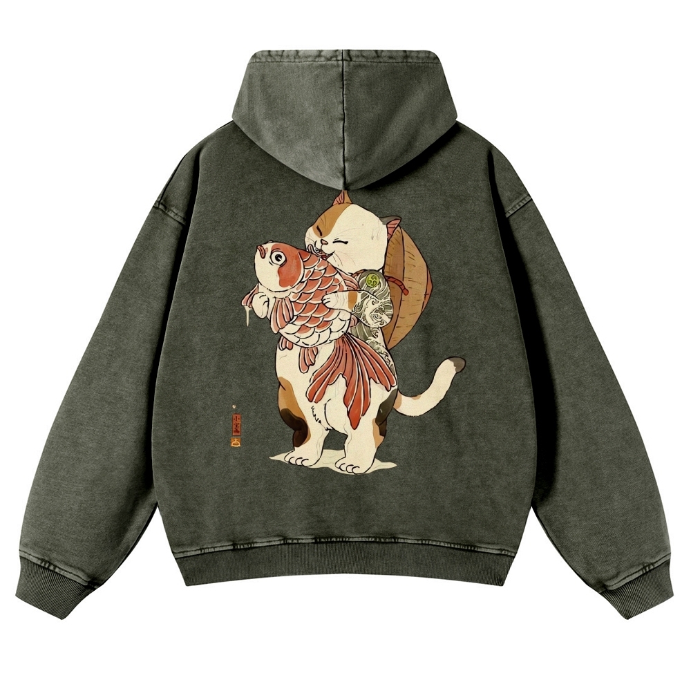 Japanese Cat Story Vintage Washed Hoodie-moweekender