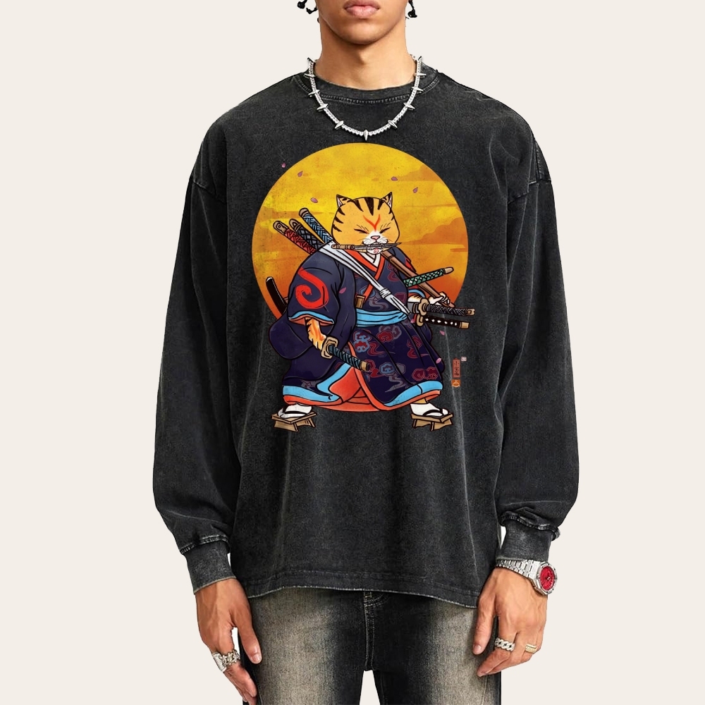 Japanese Warrior Cat Pattern Deep Washed Vintage Long Sleeves T-Shirt-moweekender