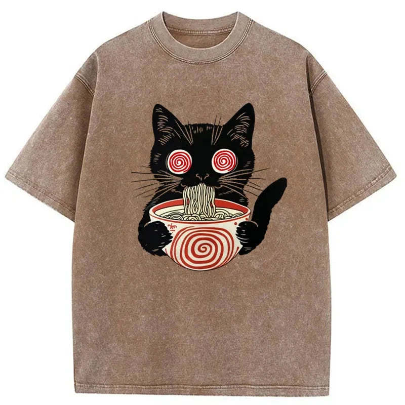 Confused Cat Eating Ramen Washed Vintage T-Shirt-moweekender