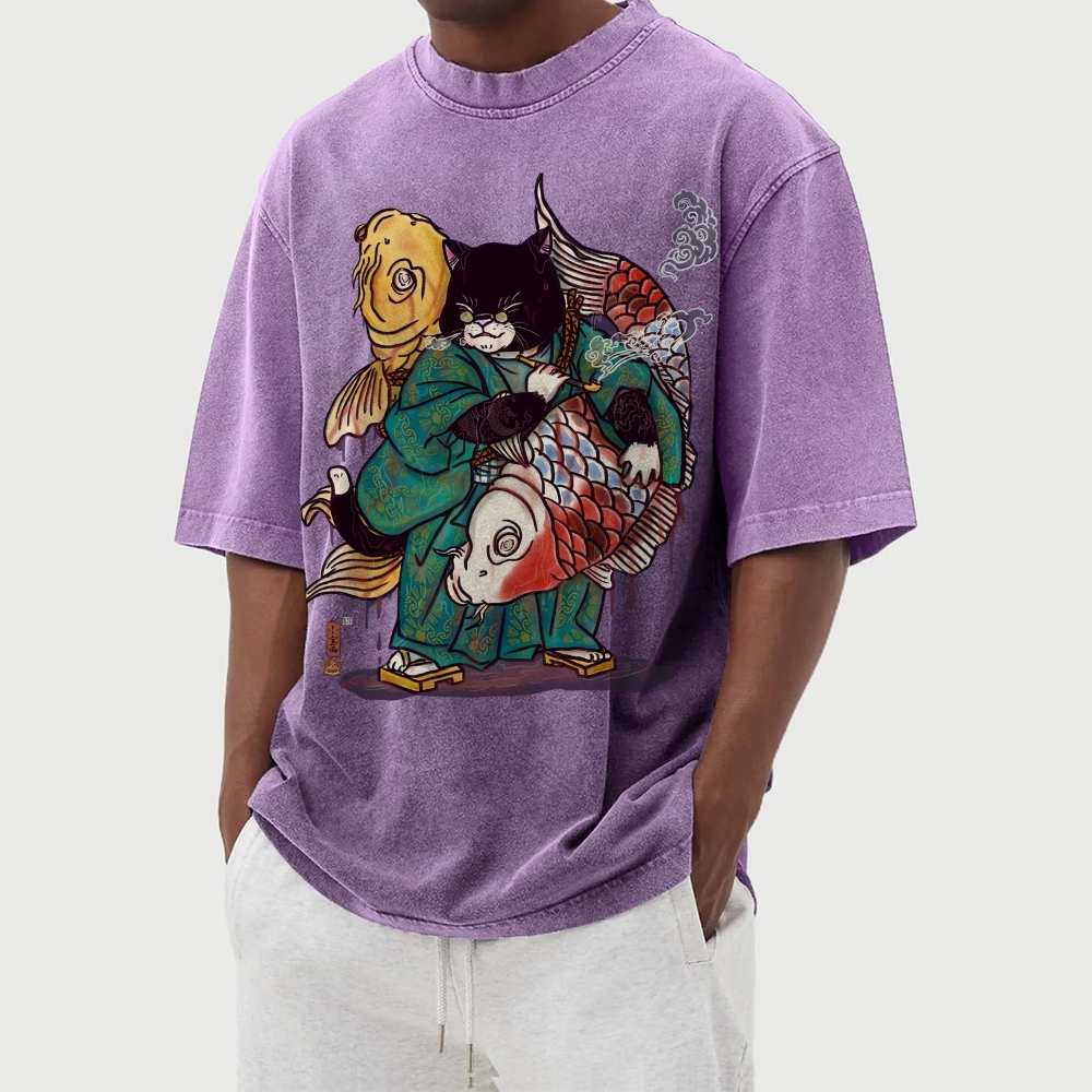 Big Fish Cat Ukiyoe Washed Vintage Short Sleeves T-Shirt-moweekender