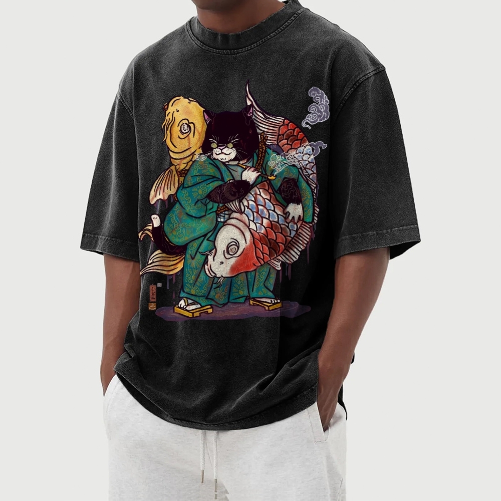 Big Fish Cat Ukiyoe Washed Vintage Short Sleeves T-Shirt-moweekender
