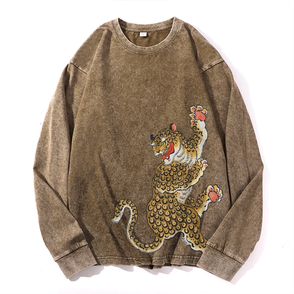 Japanese Leopard Ukiyoe Deep Washed Vintage Long Sleeves T-Shirt-moweekender