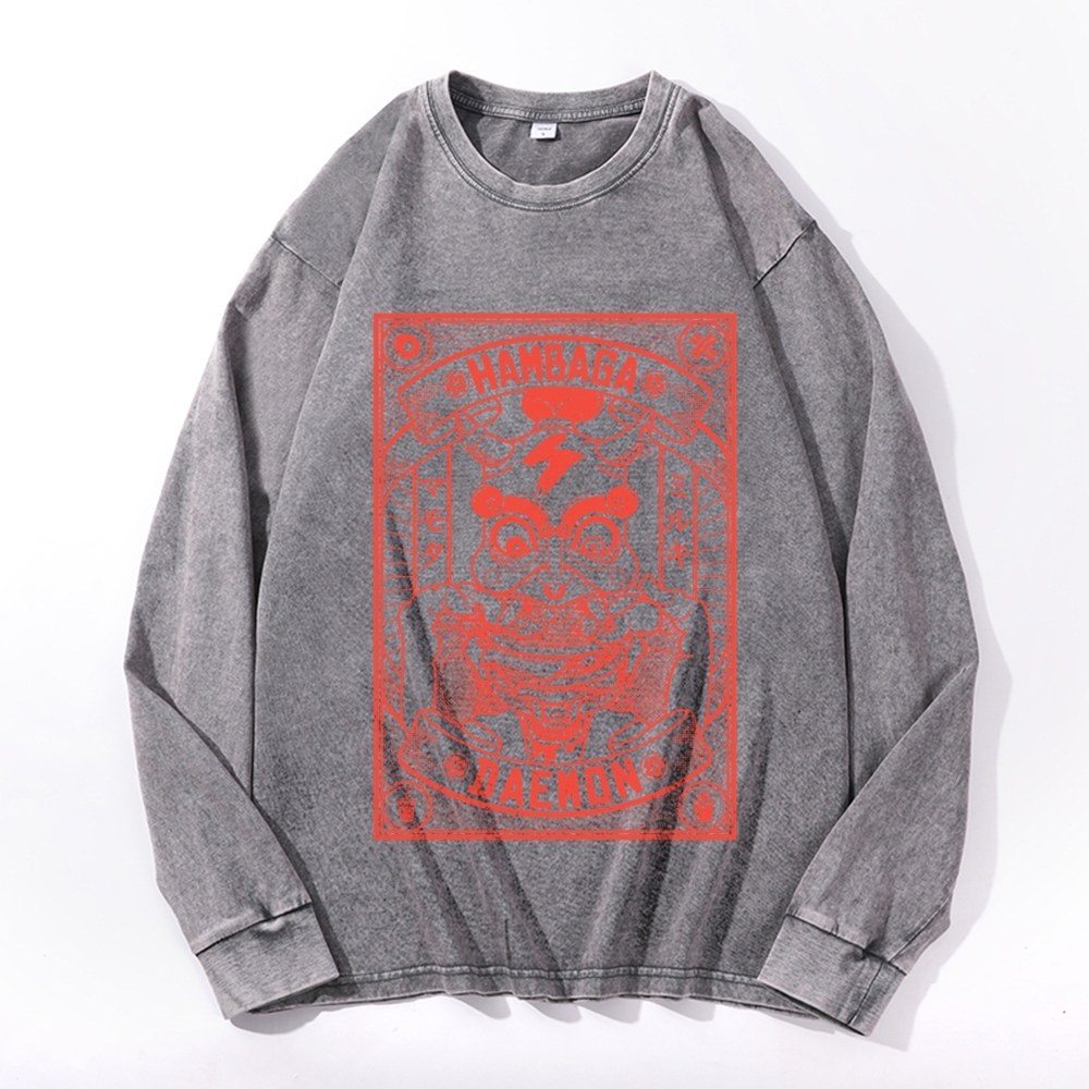 Demon Burger Printed Deep Washed Vintage Long Sleeves T-Shirt-moweekender