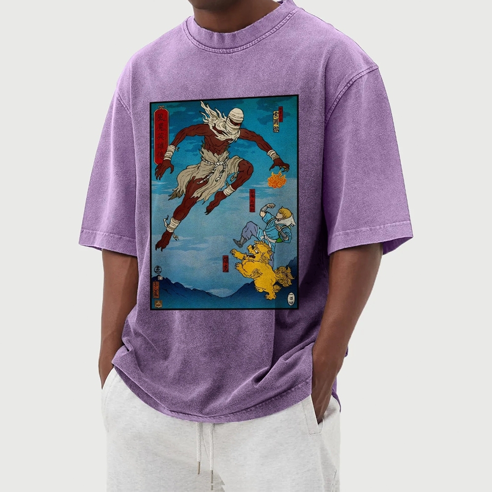 Hero Story Pattern Washed Vintage Short Sleeves T-Shirt-moweekender