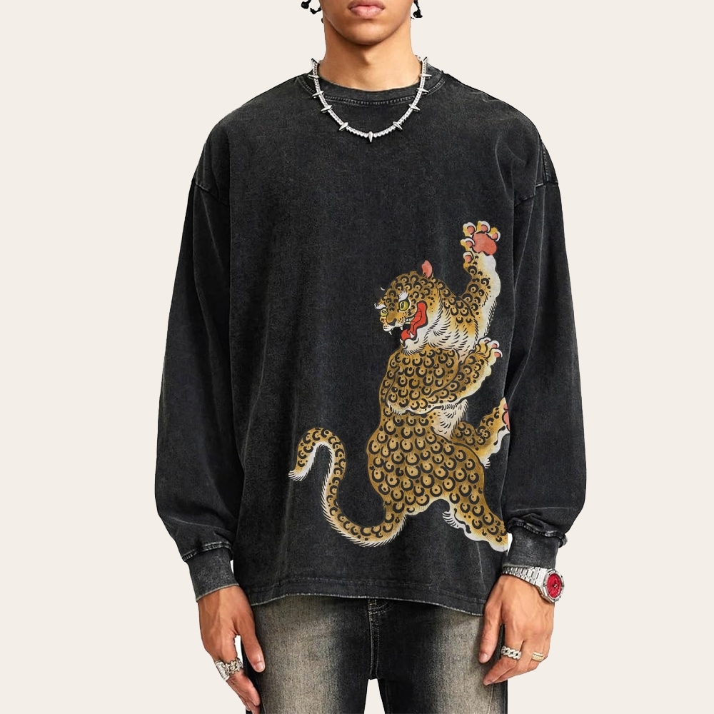 Japanese Leopard Ukiyoe Deep Washed Vintage Long Sleeves T-Shirt-moweekender