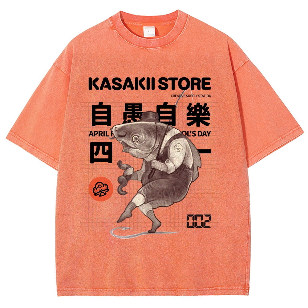 Fishing Shark Man Washed Vintage Short Sleeves T-Shirt-moweekender
