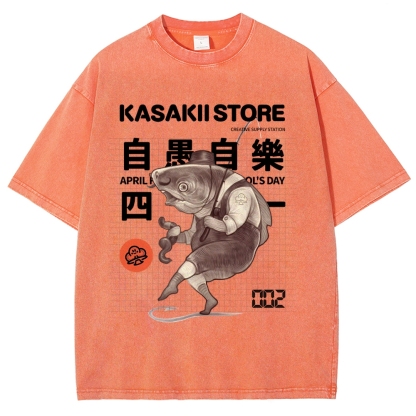 Fishing Shark Man Washed Vintage Short Sleeves T-Shirt-moweekender