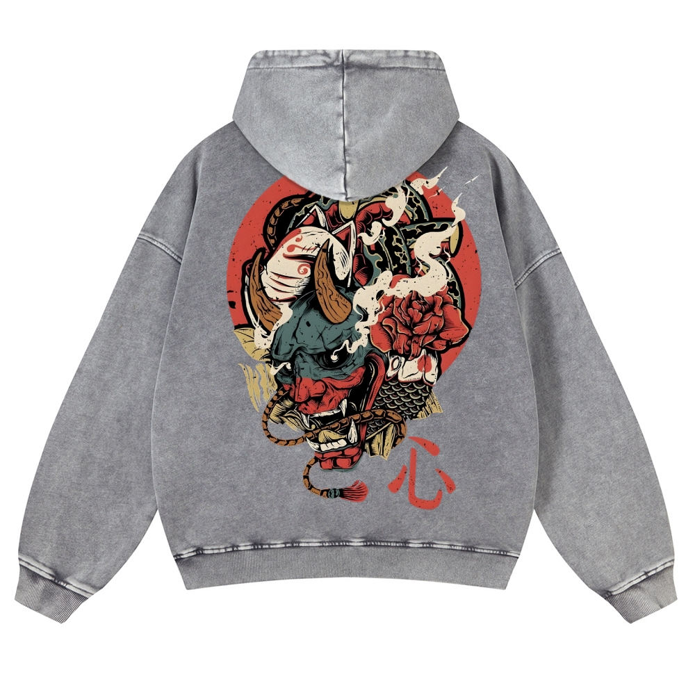 Japanese Traditional Mask Pattern Vintage Washed Hoodie-moweekender