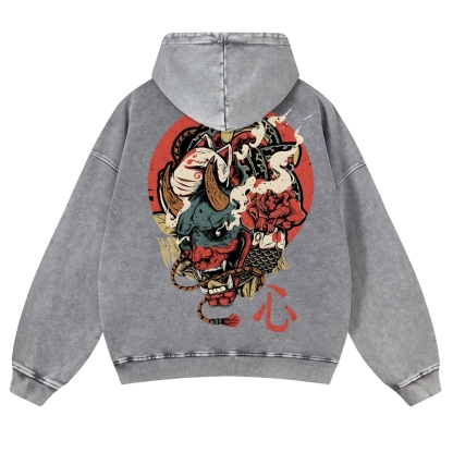 Japanese Traditional Mask Pattern Vintage Washed Hoodie-moweekender