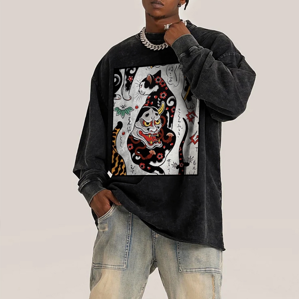 Demon Mask Tattoo Cat Deep Washed Vintage Long Sleeves T-Shirt-moweekender