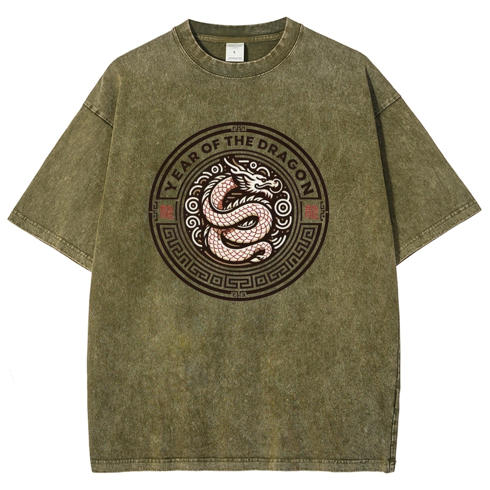 Traditional Dragon Pattern Washed Vintage Short Sleeves T-Shirt-moweekender